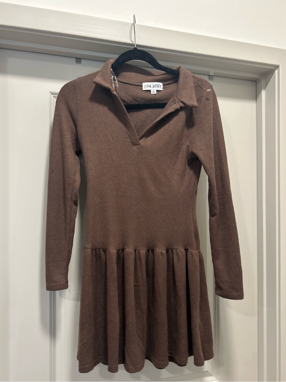 J for Justify Brown Ribbed Long-Sleeve Polo Dress